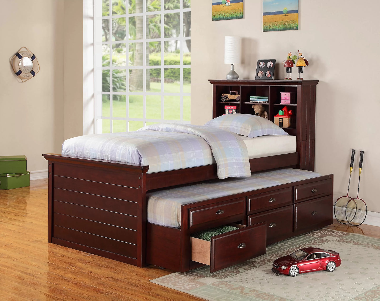 Ridley Twin Bookcase Bed with Trundle - Cherry