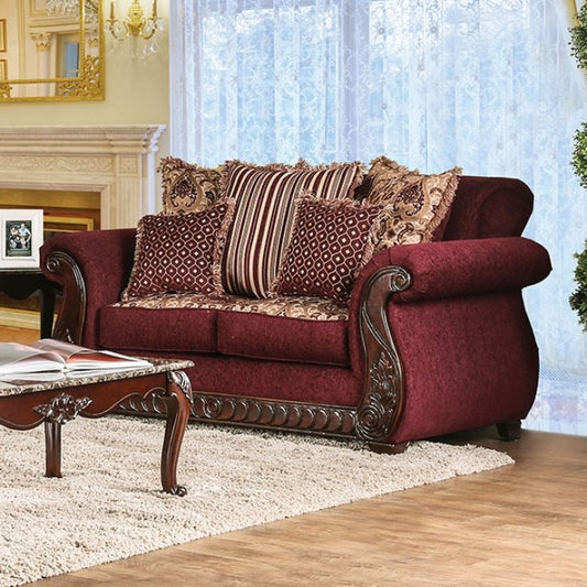 Tabitha Traditional Chenille Sofa - Wine/Gold
