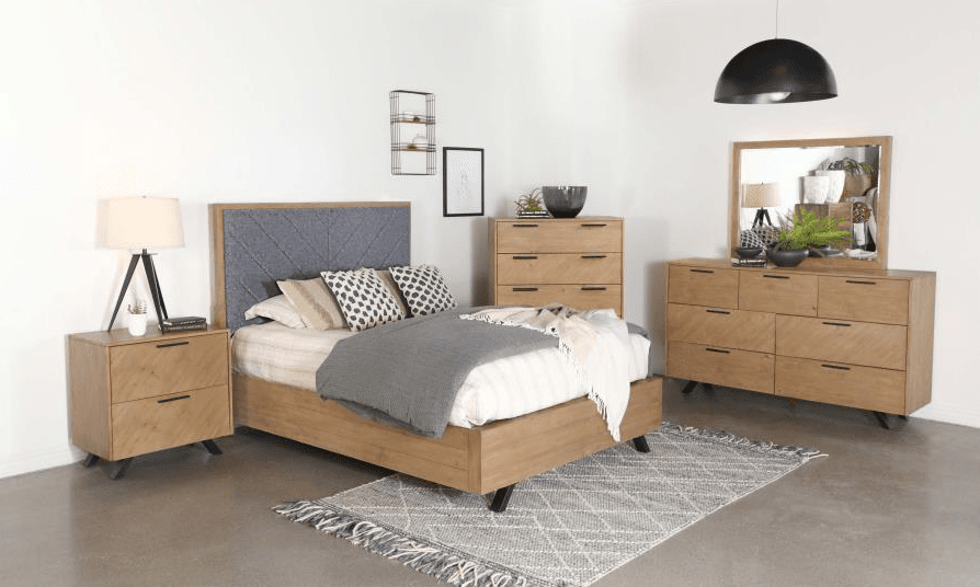 Taylor Modern Queen Bed in Light Honey with Upholstered Headboard