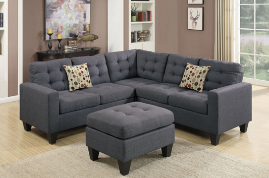 Carmine 4-Piece Upholstered Sectional & Ottoman Set - Blue/Gray