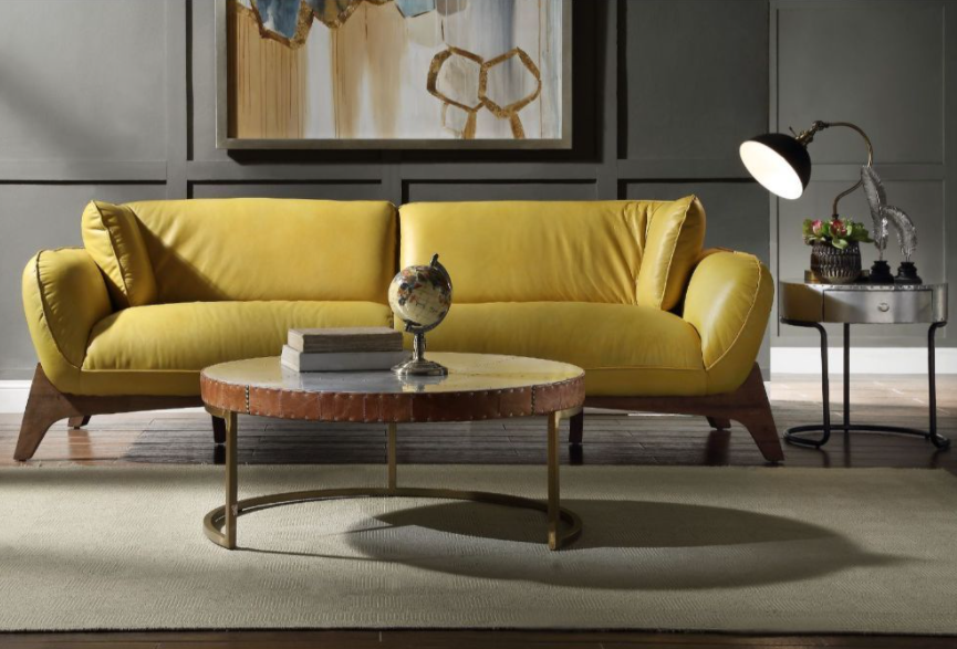 Pesach Mid-Century Modern Leather Sofa - Mustard Yellow