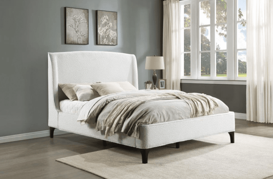 Mosby King Platform Bed with Curved Headboard in White Boucle Fabric