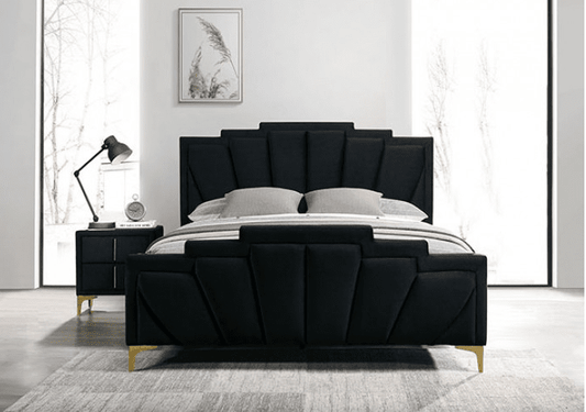 Florizel Channel Tufted Velvet Queen Bed with Gold Feet - Black
