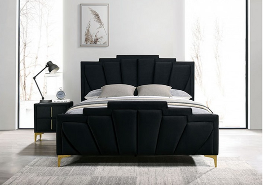 Florizel Channel Tufted Velvet King Bed with Gold Feet - Black