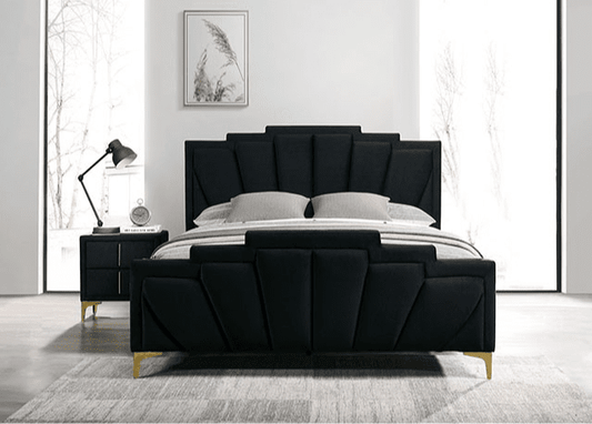 Florizel Channel Tufted Velvet Queen Bed with Gold Feet - Black