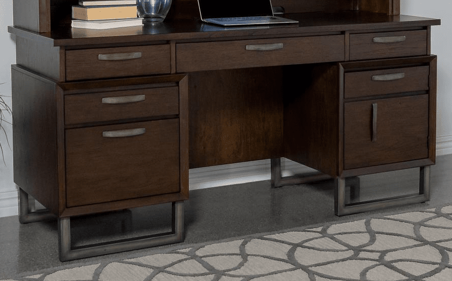 Marshall 5-drawer Credenza Desk With Power Outlet Dark Walnut and Gunmetal