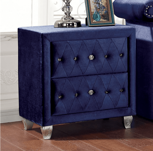 Alzir Blue Velvet Glam Nightstand with Carved Silver Feet
