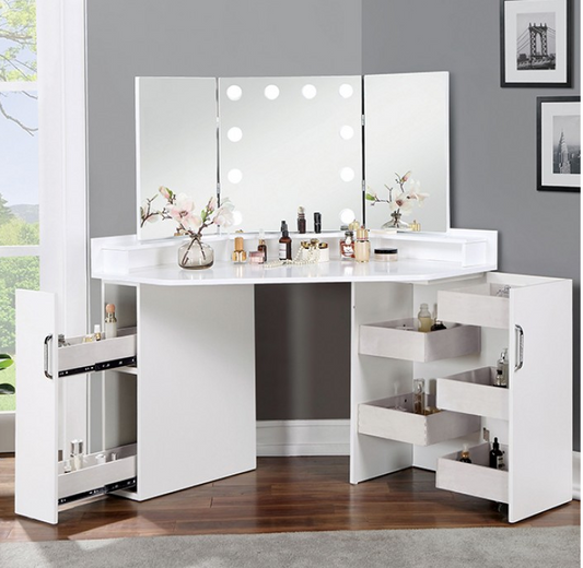 LoryBelle Vanity Set with Tri-Fold 10-Bulb Mirror - White