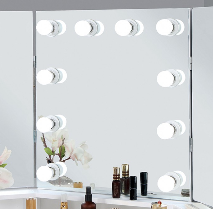 LoryBelle Vanity Set with Tri-Fold 10-Bulb Mirror - White