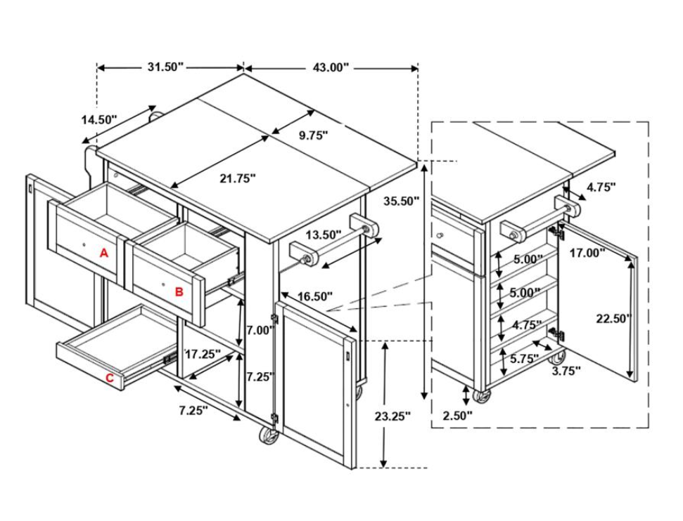 3-Door Kitchen Cart With Casters Natural Brown And White