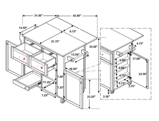 3-Door Kitchen Cart With Casters Natural Brown And White