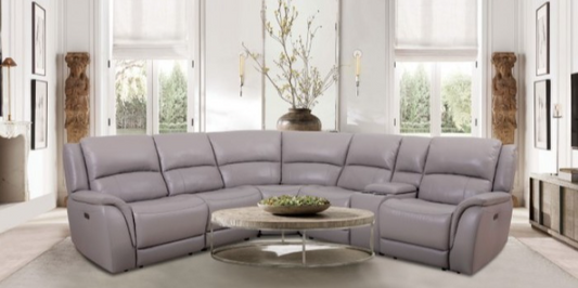 Gorgius Leather Power Wall-hugger Sectional - Light Gray