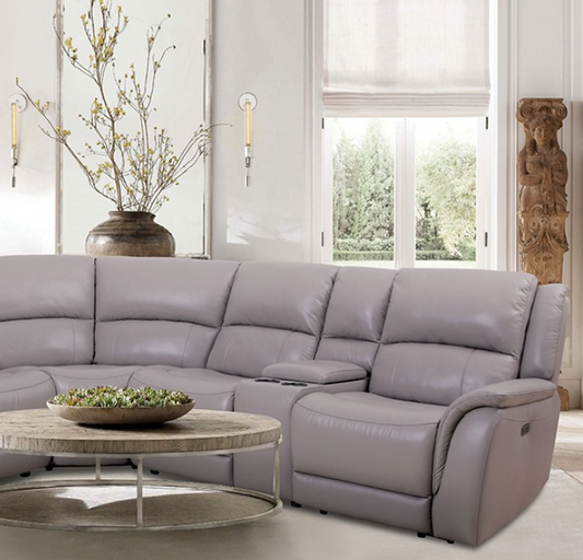 Gorgius Leather Power Wall-hugger Sectional - Light Gray