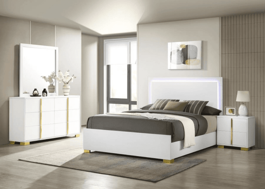 Marceline Queen Bedroom Set with LED Lighted Headboard - White & Gold