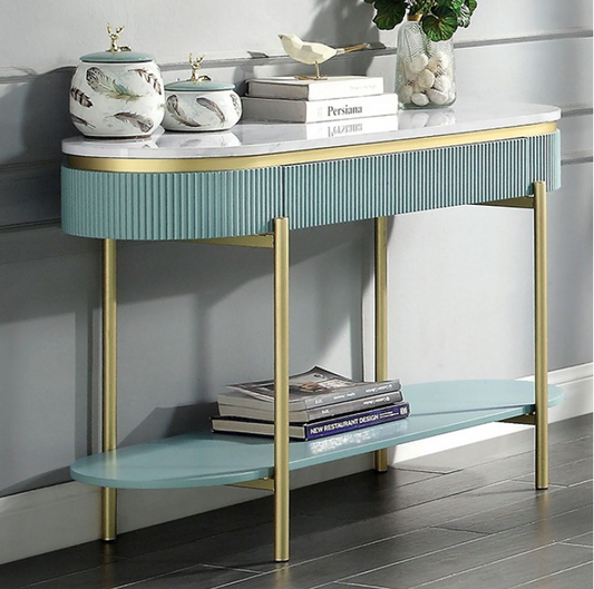 Koblenz Faux Marble Sofa Table - Light Teal & Gold