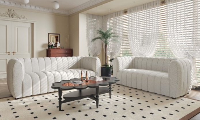 Aversa Contemporary Channel Tufted Sofa - Off-White Boucle