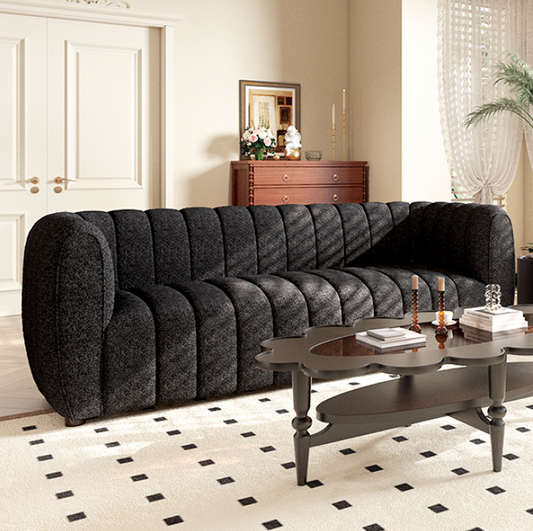 Aversa Contemporary Channel Tufted Sofa - Black Boucle