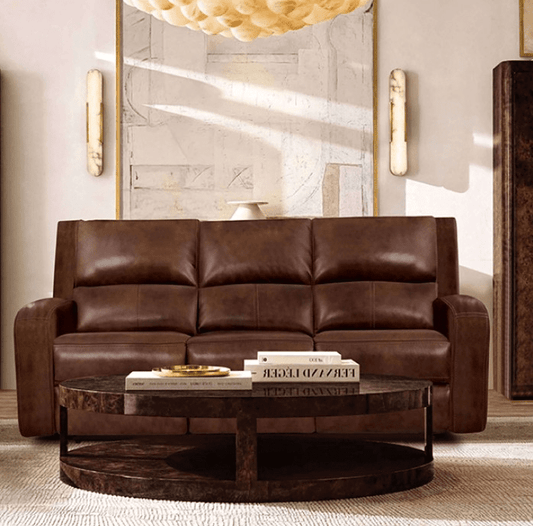 Soterios Transitional Genuine Leather Power Sofa - Medium Brown
