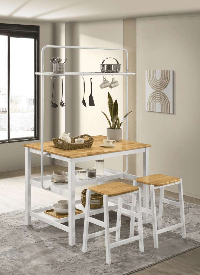 Hollis Kitchen Island Counter Height Table With Pot Rack Brown And White