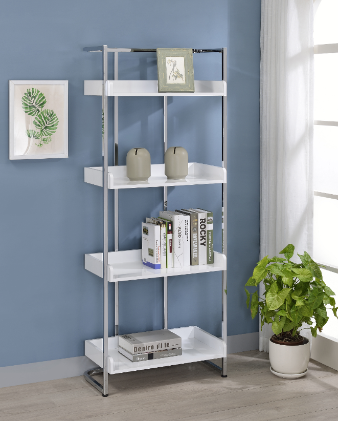 Ember 4-Shelf Bookcase White High Gloss And Chrome