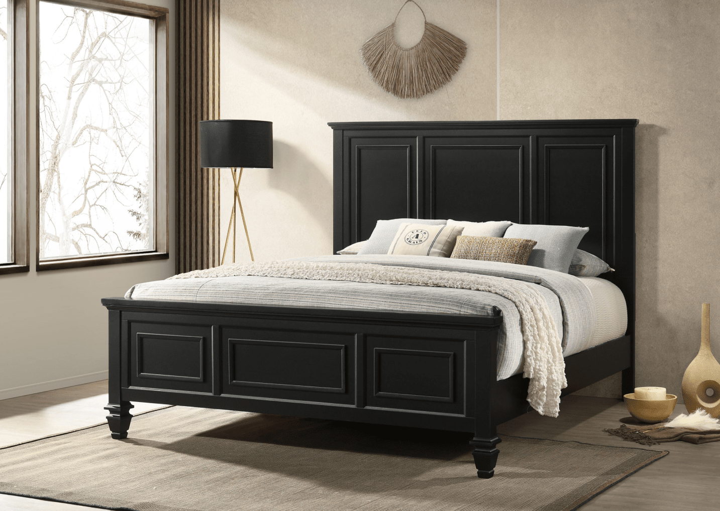 Deep black finished Cottage Style King Panel Bed with Raised Panel