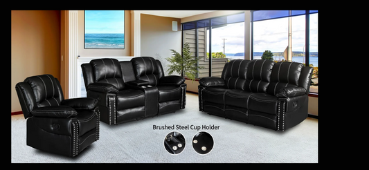 Mario 3 - Piece Motion Sofa, Loveseat & Recliner Set in Black with Silver Nailheads