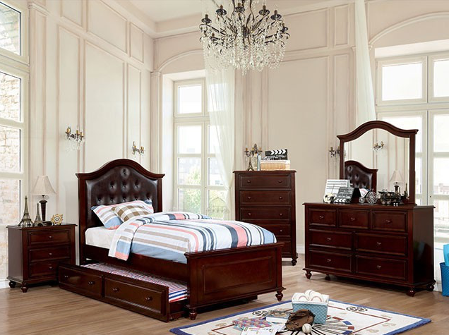 Olivia Traditional Twin Bed with Upholstered Headboard - Dark Walnut