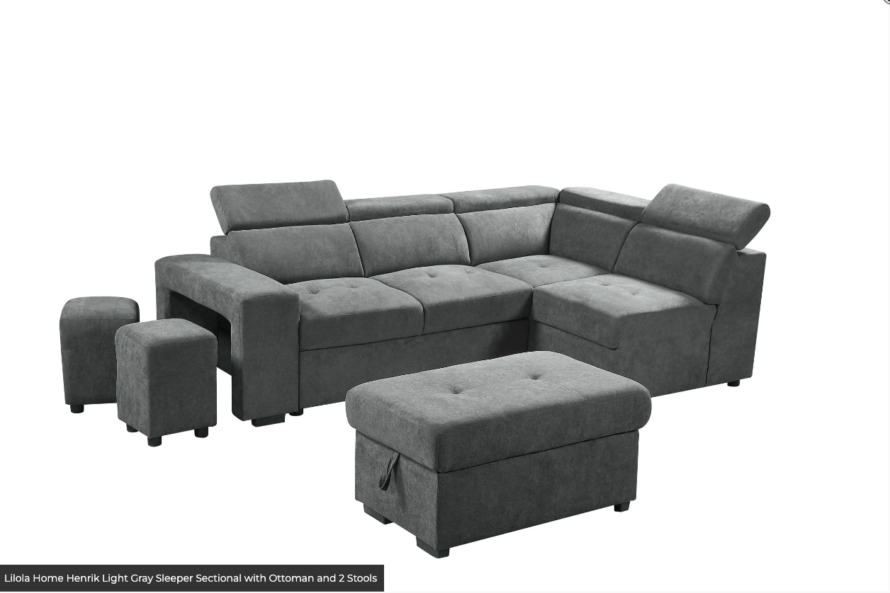 Henrik Light Gray Sleeper Sectional with Ottoman and 2 Stools