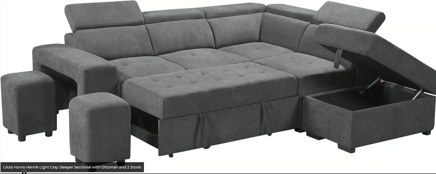 Henrik Light Gray Sleeper Sectional with Ottoman and 2 Stools