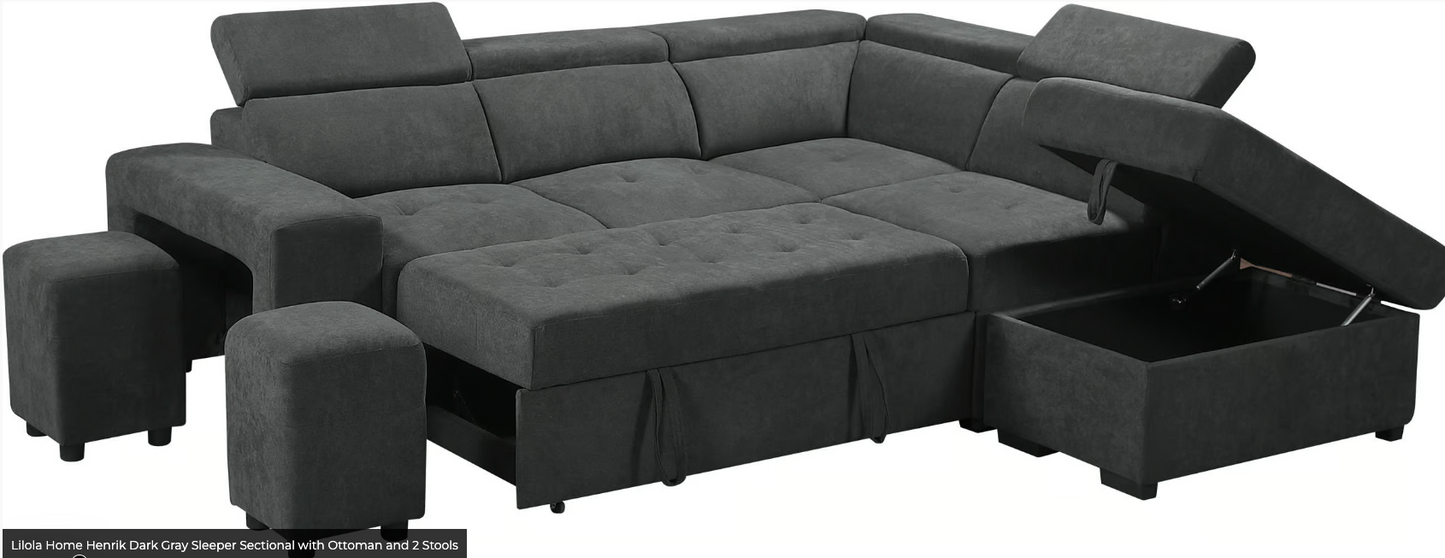 Henrik Dark Gray Sleeper Sectional with Ottoman and 2 Stools