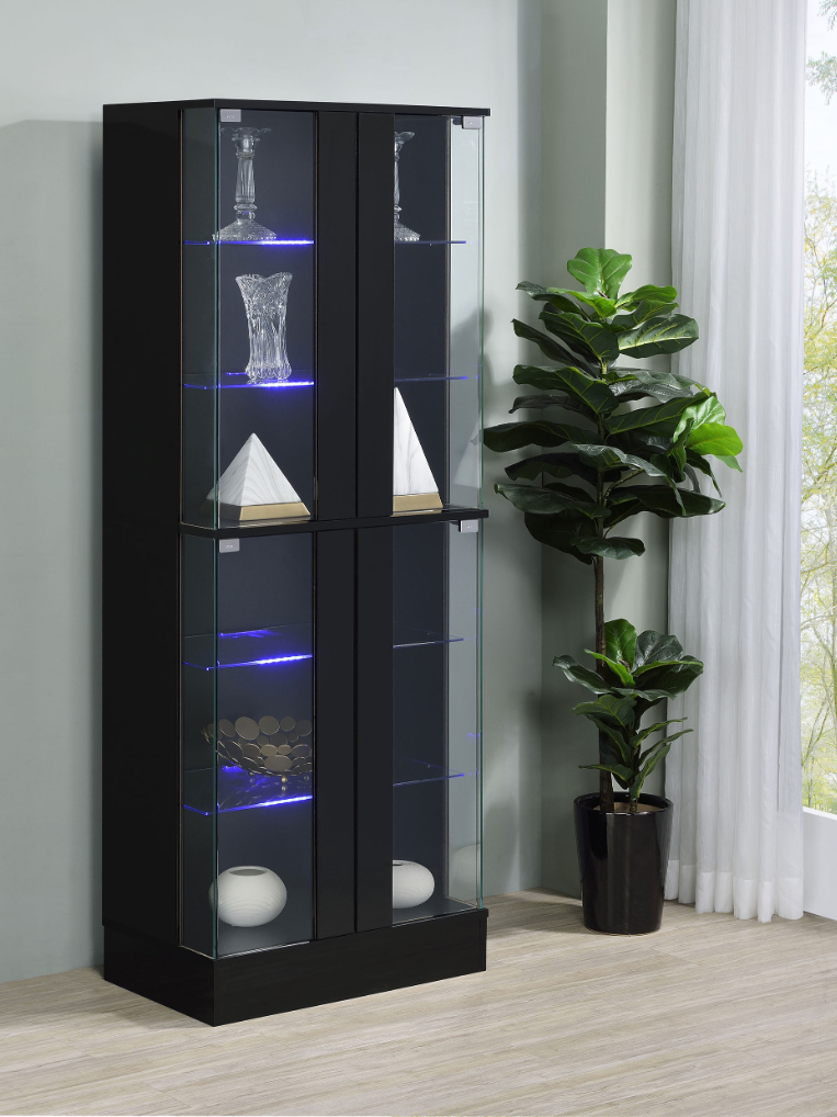 Cabra Display Case Curio Cabinet With Glass Shelves And LED Lighting Black High Gloss