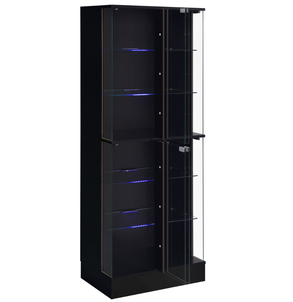 Cabra Display Case Curio Cabinet With Glass Shelves And LED Lighting Black High Gloss