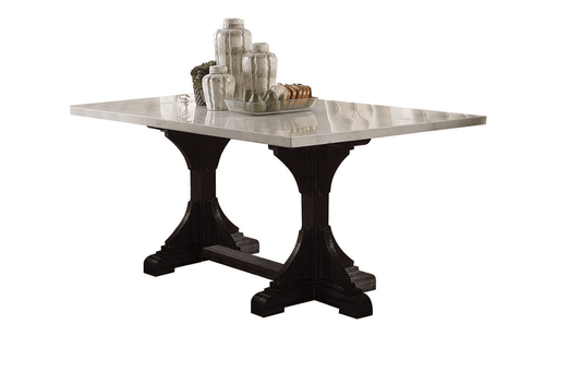Gerardo Trestle Dining Table with White Marble Top & Weathered Espresso Base
