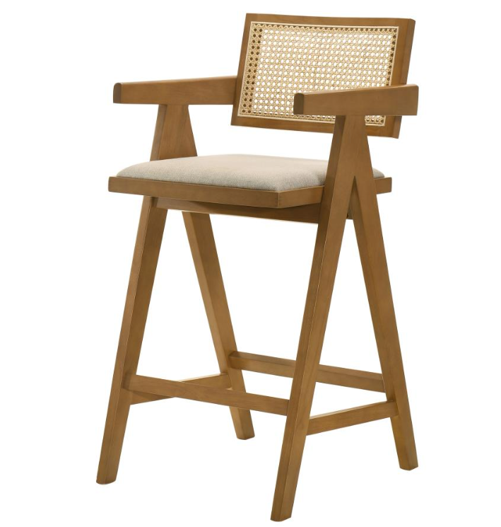 Kane 27" Solid Wood Bar Stool With Woven Rattan Back And Upholstered Seat Light Walnut Set Of 2