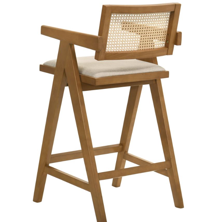Kane 27" Solid Wood Bar Stool With Woven Rattan Back And Upholstered Seat Light Walnut Set Of 2