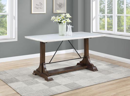 Aldrich Counter Height Trestle Base Dining Table With Genuine White Marble Top And Dark Brown