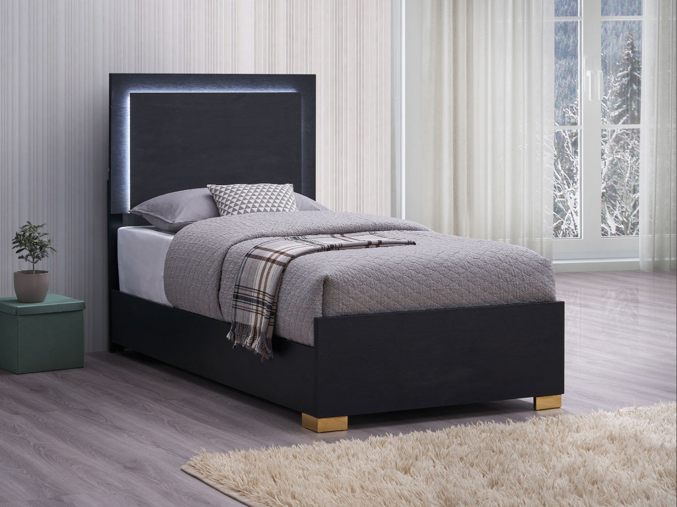 Marceline Twin Bedroom Set with LED Lighted Headboard - Black & Gold