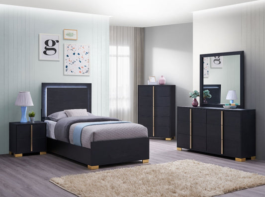 Marceline Twin Bedroom Set with LED Lighted Headboard - Black & Gold