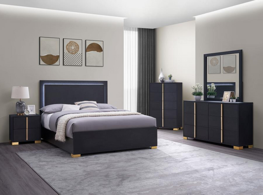 Marceline Full Bedroom Set with LED Lighted Headboard - Black & Gold