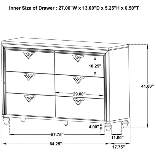 Veronica 6-Drawer Bedroom Dresser Light Silver
