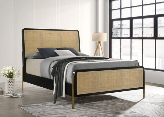Arini King Bed With Woven Rattan Headboard Black And Natural