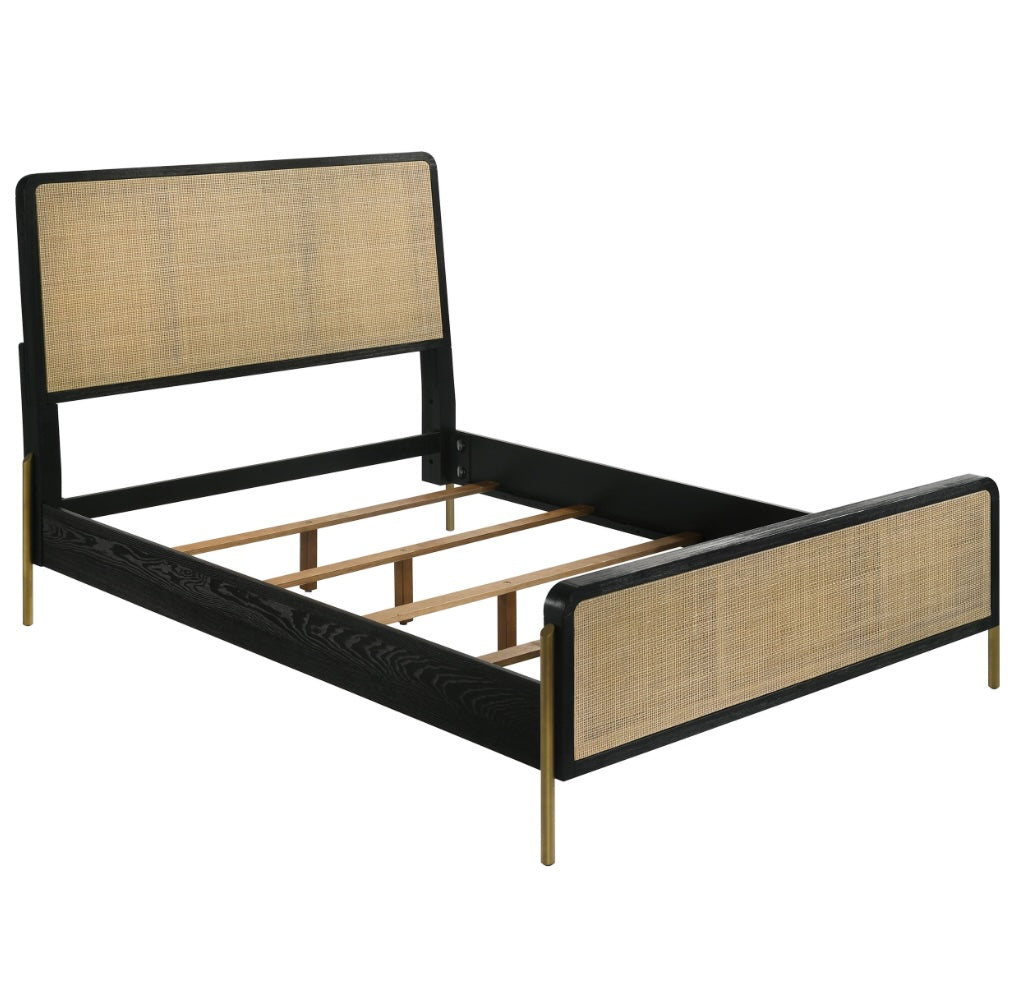 Arini King Bed With Woven Rattan Headboard Black And Natural