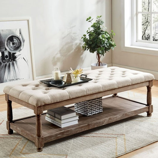 Tanya Rustic Ottoman Bench with Beige Linen Top