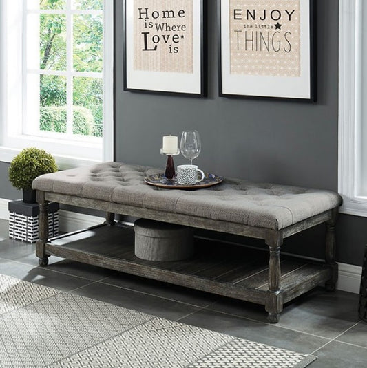 Tanya Rustic Ottoman Bench with Gray Linen Top