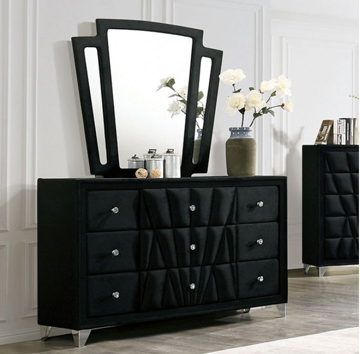 2-Piece Leventina Black 9-Drawer Upholstered 61 in. Dresser/Mirror and Frosted Glass Top 2-Piece Leventina Black 9-Drawer Upholstered 61 in. Dresser/Mirror and Frosted Glass Top