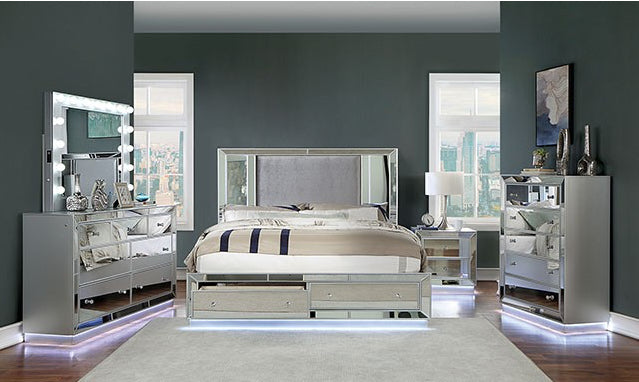 Belladonna Mirrored Storage Bed with LED Footboard - Queen