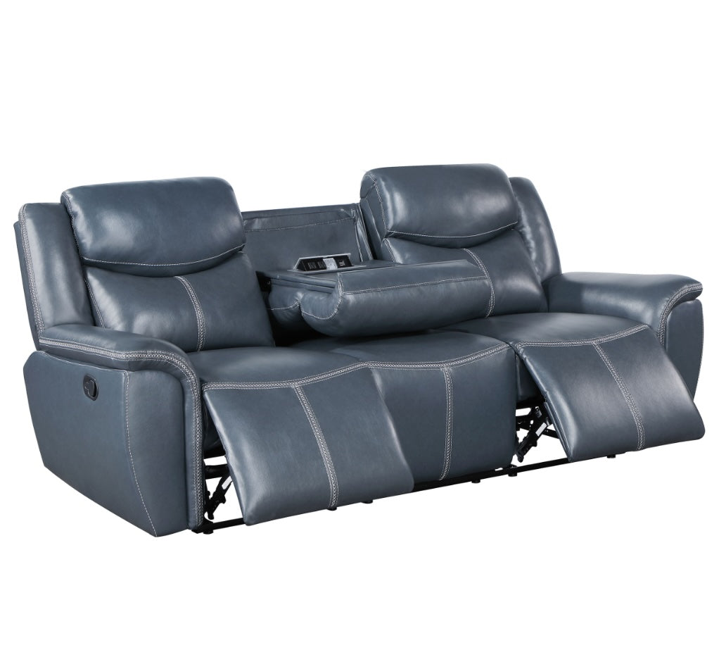 Sloane Upholstered Motion Reclining Sofa With Drop Down Table Blue