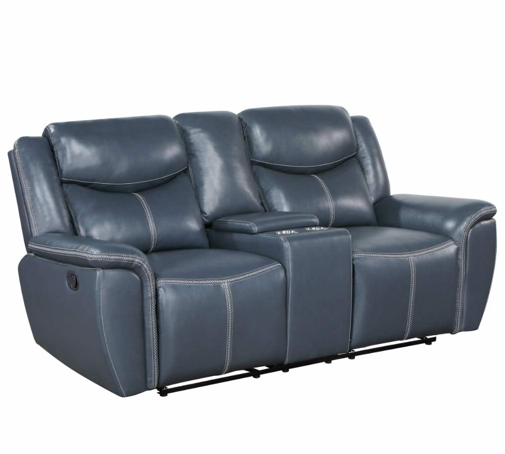 Sloane Upholstered Motion Reclining Sofa With Drop Down Table Blue