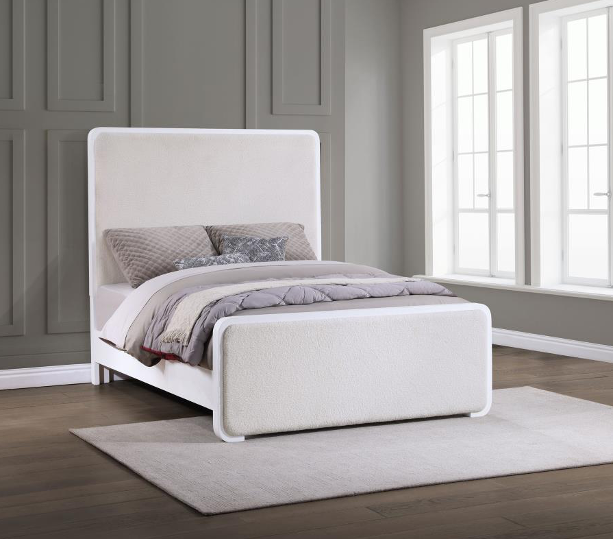 Anastasia Boucle Upholstered Queen Panel Bedroom Set Pearl White And Beige