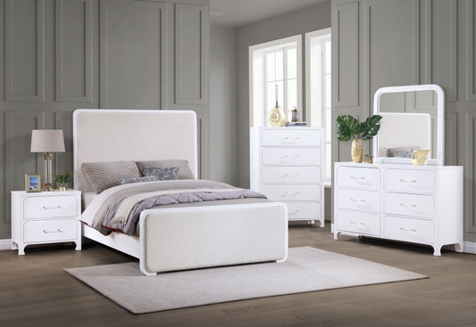 Anastasia Boucle Upholstered King Panel Bedroom Set Pearl White And Beige